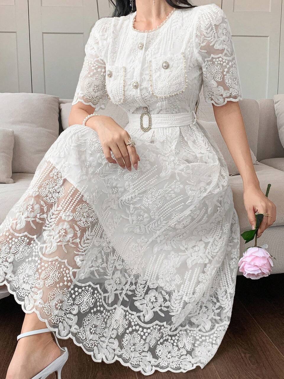 Women's Elegant Lace-Up Embroidered Soft Romantic Korean Style Youthful Long Dress Summer Women Dresses Sundress