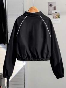 Sparklyn Tween 女孩休闲弹性袖口和下摆夹克风衣，梭织面料，手感舒适，撞色饰边，正面图案，宽松版型，适合春季、夏季、秋季、日常、通勤、户外、派对、拍照 - 黑色 - 查看 2