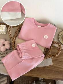LMoss Kids LMoss 2 Pieces Set Baby Girls Knit Color Block Sweatshirt & Pants,Cute Pink Flower Long Sleeve Tops & Bottoms Autumn Family Matching Girl Clothes Sets - Pink - View 3