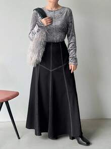 FRIFUL Chân váy dài dáng chữ A rộng rãi, có đường may trang trí, kiểu dáng thường ngày dành cho nữ, thích hợp cho mùa thu. - màu đen - Xem 3