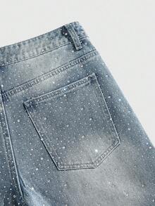 ROMWE MEN Street Life Spring/Summer Casual Men'S Pearl & Diamond Embellished Loose Denim Shorts - Baby Blue - View 4