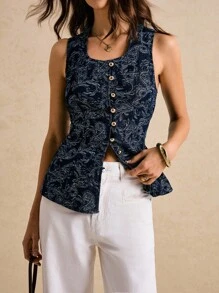 Poéselle 新款女式图腾印花牛仔上衣，圆领，无袖，收腰荷叶边下摆，金属纽扣装饰上衣，蓝色上衣秋季上衣万圣节服装圣诞服装女式工作衬衫 - 中等水洗藍 - 查看 1