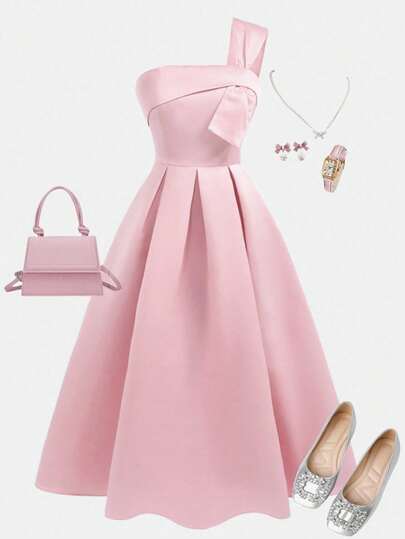 SHEIN Girlism Teen Girl Pink Asymmetric Collar Woven Floral Print Ruffle Hem Maxi Dress, Suitable For Holidays, Parties, Elegant, Weddings, Back To School Season Pink Dress Pastel Dress Light Pink Dress Pink Clothes Elegant Pink Dress