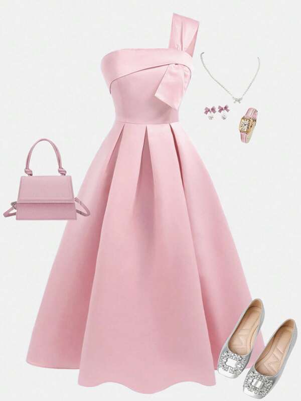 SHEIN Girlism Teen Girl Pink Asymmetric Collar Woven Floral Print Ruffle Hem Maxi Dress, Suitable For Holidays, Parties, Elegant, Weddings, Back To School Season Pink Dress Pastel Dress Light Pink Dress Pink Clothes Elegant Pink Dress