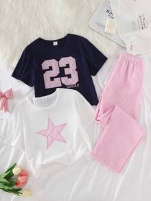 少女数字和星星格子刺绣短袖上衣搭配粉色格子裤家居服套装 - 彩色 - 查看 6