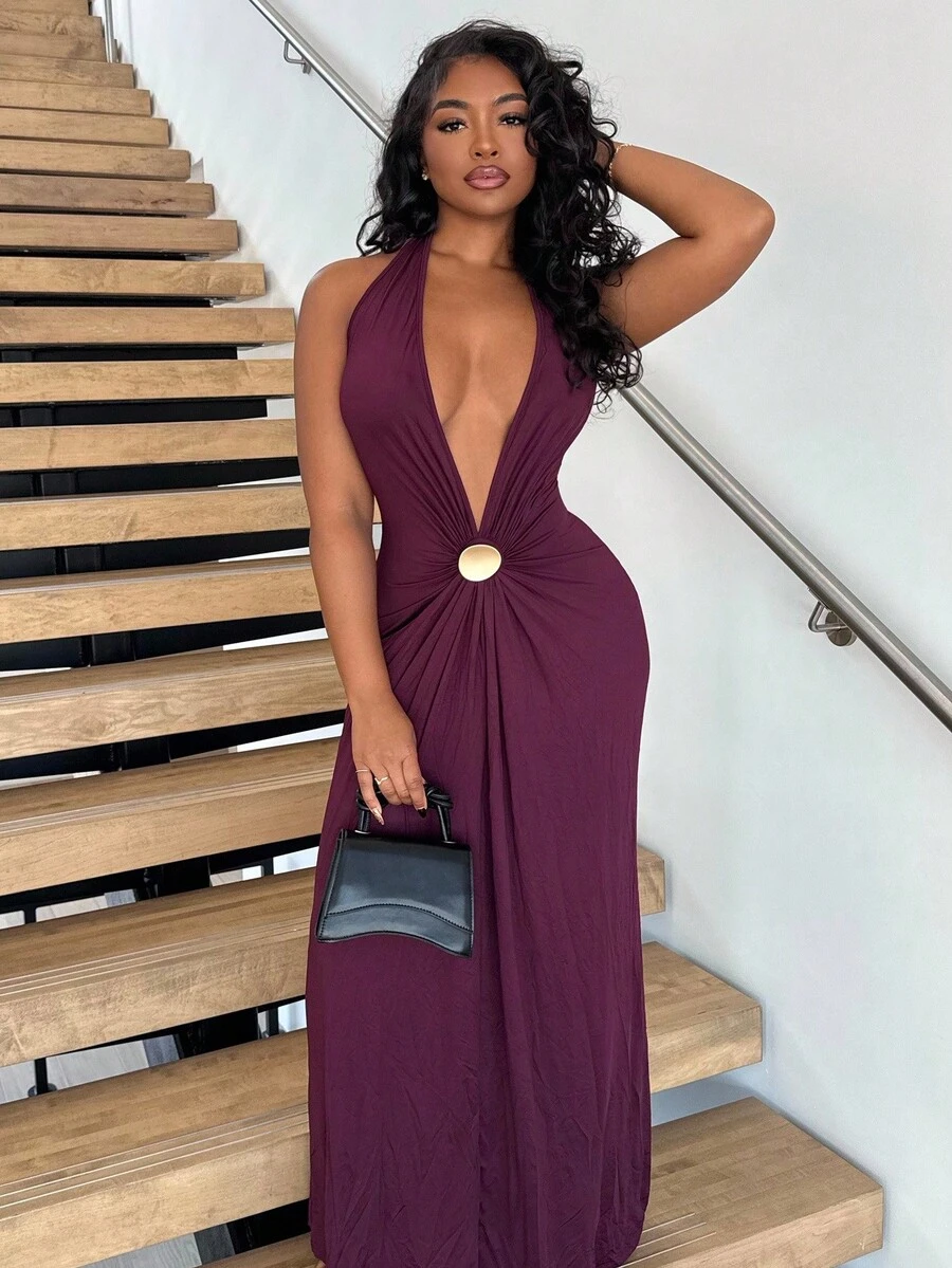 Alexandranx Vestido de punto sin espalda de unicolor para mujer - Burdeos - Ver 1