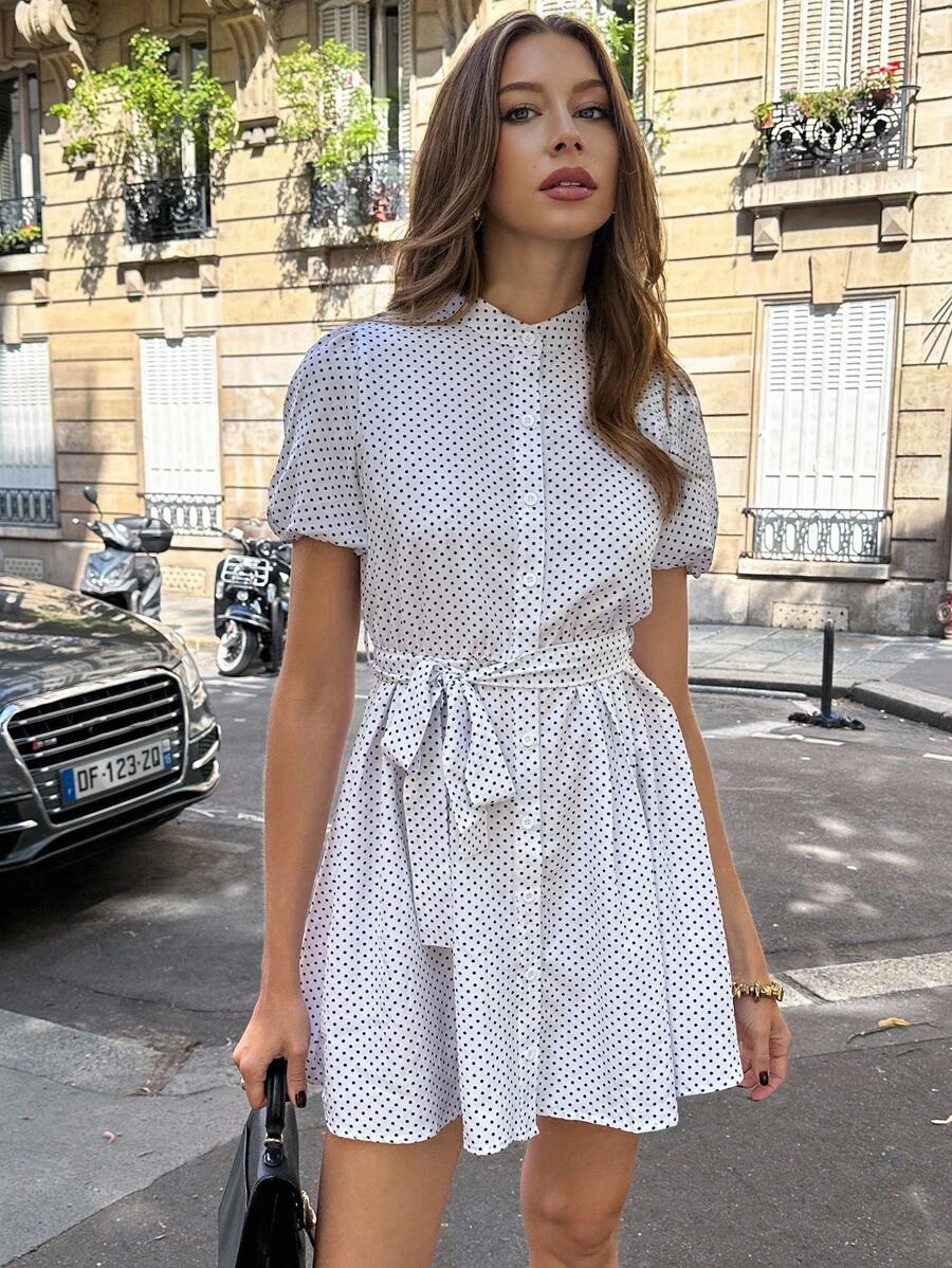 Chiquease 法国白色波点优雅单排扣立领收腰束腰连衣裙 - 白色 - 查看 1