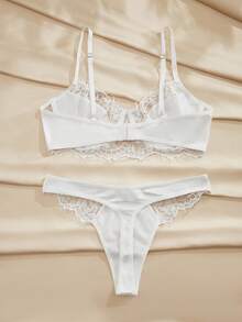 Charlaine 睫毛蕾絲邊前蝴蝶結鋼圈丁字褲內衣套裝 - 白色 - 查看 7