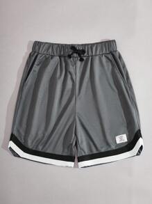 SHEIN 1 件青少年男孩字母贴花细节撞色饰边抽绳腰短裤，春季服装，青少年男孩服装