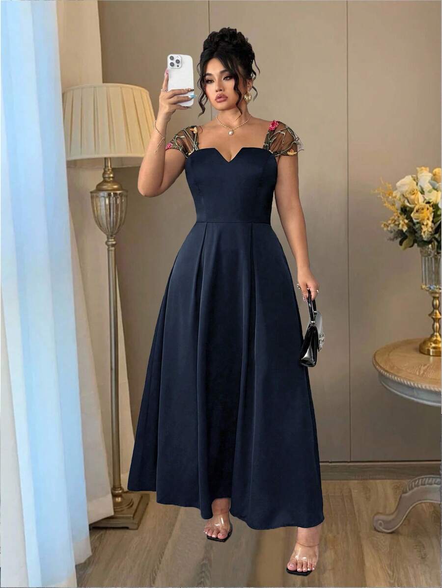 Auvina Women's Elegant Jacquard Patchwork Summer Dress - Navy Blue - View 1