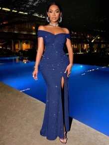 SOLERSUN Suitable For Christmas Party Vacation & Dating Elegant Burgundy Elegant Twisted Off Shoulder Backless Strap High Slit Mermaid Dress With Metallic Sheen Maxi Women Outfit - Navy Blue - View 8