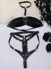 SHEIN 2pcs Women's Sexy Leather Halter Bondage PU Leather Lingerie Set, Going Out - Black - View 7