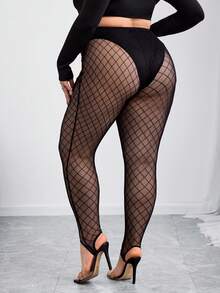 SHEIN CURVE+ Plus Size Black Thin Mesh See-Through Leggings, Fashion Leggings, Rave Festival, Casual Daily Wear, Holiday Party Wear, Winter Plus Size Fishnet Tights/Autumn /Winter - Black - View 3