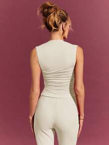 L'Amorae Women Elegant Solid Sleeveless Ruched Fitted Top