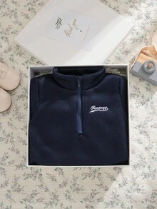 SHEIN 2pcs Baby Boy Navy Blue Autumn Casual Outfit,Stand Collar Long Sleeve Letter Print Half Zip Sweatshirt And Pants Set,Tracksuit For Date Winter Fall - Navy Blue - View 9