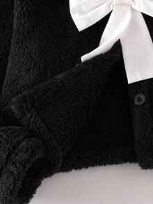 SHEIN 女童加厚毛领长袖可拆卸蝴蝶结冬季外套，时尚简约儿童短款开衫，秋冬款 - 黑色 - 查看 7