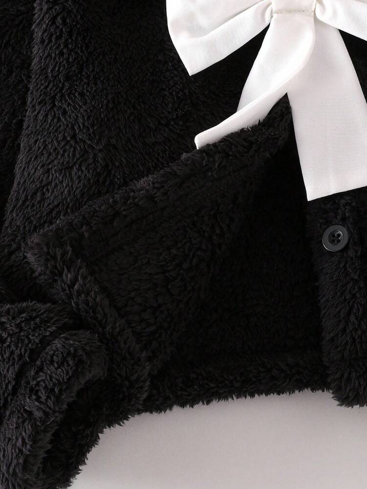 SHEIN 女童加厚毛领长袖可拆卸蝴蝶结冬季外套，时尚简约儿童短款开衫，秋冬款 - 黑色 - 查看 7