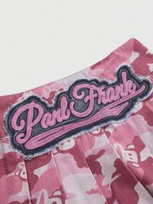 Paul Frank X ROMWE Y2K 亚文化迷彩印花和卡通贴片装饰低腰女式牛仔迷你裙 - 粉色 - 查看 9
