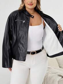 SHEIN CURVE+ 大码女式长袖 PU 皮革修身拉链夹克，带保暖衬里，大码女装 8xl 女装大码 8xl 皮夹克女式大码皮夹克冬季秋季秋冬 - 黑色 - 查看 10