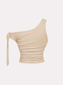 SHEIN MOD Plus Size Women's Apricot Mesh Oblique Shoulder Metal Flower Cropped Top - Khaki - View 3