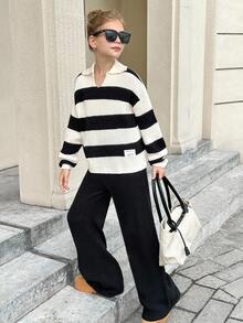 SHEIN 青少年女孩休闲罗纹高领黑白条纹毛衣和纯黑色阔腿裤两件套，适合秋冬季 - 黑與白 - 查看 6