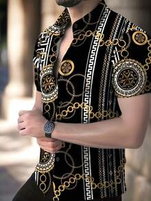 Manfinity Homme 男士前扣短袖链条印花休闲衬衫，日常穿着 - 黑色 - 查看 1