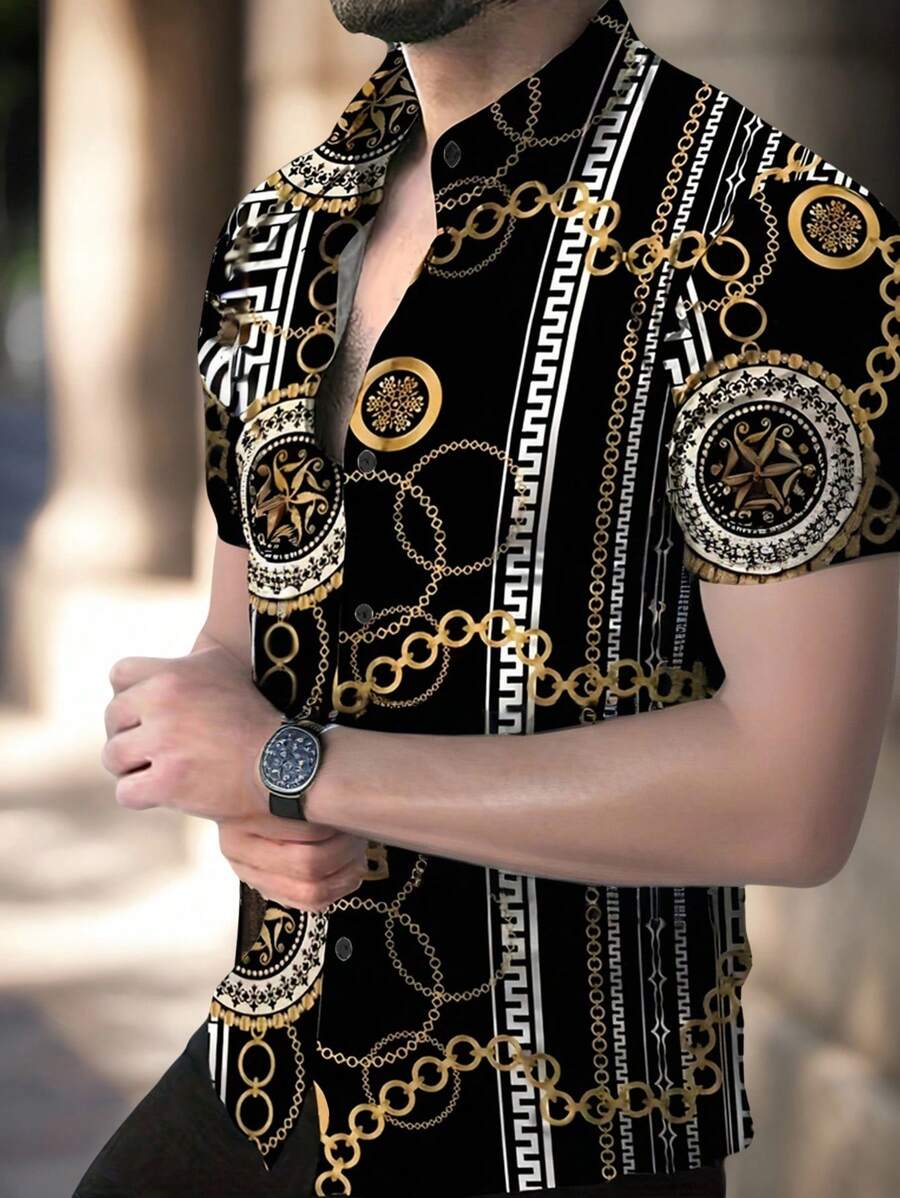 Manfinity Homme 男士前扣短袖链条印花休闲衬衫，日常穿着 - 黑色 - 查看 1