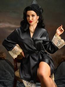 PinupPomp Áo choàng lưới thêu chắp vá bằng lụa giả gợi cảm dành cho nữ, mùa đông - màu đen - Xem 2