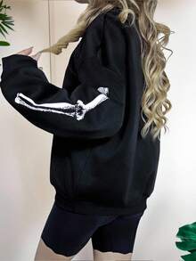 INAWLY 时尚骷髅印花圆领卫衣，秋冬 - 黑色 - 查看 2