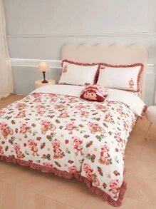 Strawberry Shortcake X SHEIN Juego de ropa de cama con volantes y estampado de fresa, apto para cama individual/doble/queen/king, dormitorio/hogar, ideas de regalo (3 piezas)