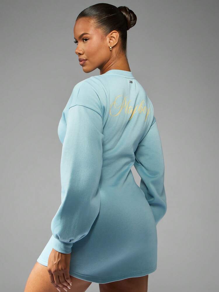 Missguided x Playboy Bunny Logo Balloon Sleeve Mini Sweatshirt Dress Fall Winter Streetwear Lounge Cozy Pullover Long Sleeve Spring Day Wear