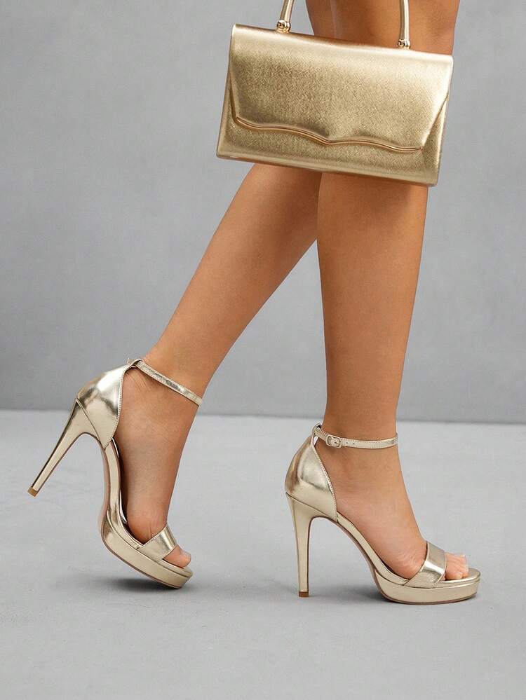 CUCCOO SZL Women's Fashionable Gold Platform Ankle Strap Sexy High Heel Sandals For Christmas Spring Shoes Prom Heels