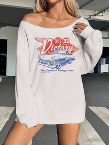 SHEIN EZwear Große Größen Lässiger Retro-Auto-Buchstaben-Muster Off-Shoulder, locker sitzender Langarm-Sweatshirt für Damen, geeignet für Herbst/Winter
