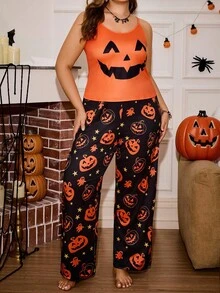 Plus Size Women Halloween Pumpkin Print Cami Top And Pants Pajama Set, For Halloween Party - Multicolor - View 5