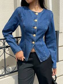 Siren Gaze Women's Blue Denim Jacket With Round Neck, Long Sleeves And Waist, Decorated With Metal Buttons, Suitable For Korean-Style Workplace Wear In Autumn Winter Casual Spring - Dark Wash - View 3