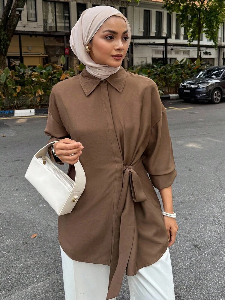 Tie Side Drop Shoulder Shirt,Long Sleeve Tops,Fall Clothes Modest Fashion