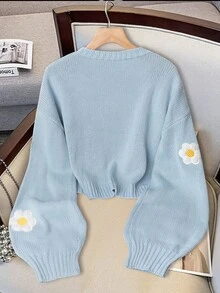 GlowEve CURVE Light Blue Flower Embroidered Oversized Knit Cardigan, Combining Lazy Comfort With Adorable Charm-Perfect For Autumn And Winter Dates. - Blue - View 2