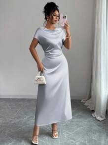 Rafferiza 女士优雅约会/通勤高领系带缎面短袖连衣裙 - 灰色 - 查看 4