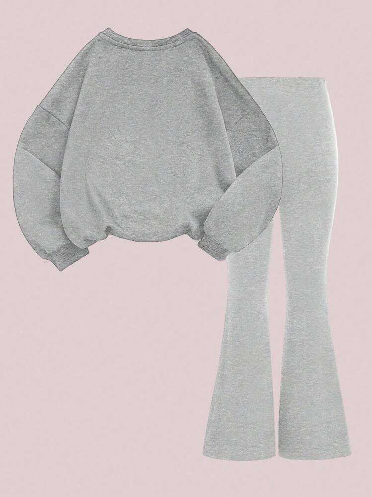 SHEIN Leap Crew Tween Girls Bear Print Knit Crew Neck Loose Sweatshirt & Flare Pants 2 Pieces Casual Set Fall Winter - Light Grey - View 2