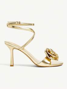 CUCCOO CHICEST Sandalias de tacón alto con puntera redonda, elegantes, glamorosas y sensuales, con decoración de flor de rosa de metal dorado - Dorado - Ver 7