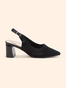 CUCCOO BASICS Damen Spitze Sexy Plateau Absatz Mittlerer Absatz Schwarze Strick Slingback Schnallengurt Atmungsaktive Frühlingssschuhe - Schwarz - Übersicht 2