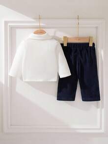 Souflis Souflis 2pcs Baby Boy Polo Neck Color Block Long Sleeve Top And Casual Corduroy Pants Set, Fashionable Outfit With Exquisite Prints, Infant Boy Clothes, Children Apparel Baby Boy Shirt Sets Baby Boy Clothes Baby Boy Clothes Baby Boy Polo Shirt And Pants Set - Multicolor - View 2