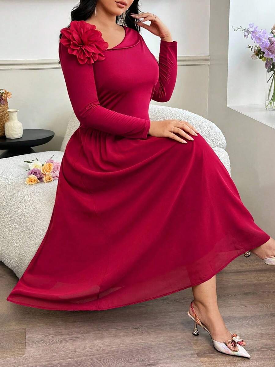 Modelyn Vestido elegante y romántico de talla grande con cuello oblicuo, manga larga, cintura ceñida con parches de gasa y estampado floral 3D - Rojo - Ver 1