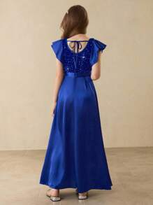 优雅串珠缎面无袖荷叶边女童连衣裙，适合花童、婚礼、舞会、生日派对、圣诞节、万圣节、返校、毕业典礼 - 藍色 - 查看 2