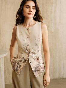 Anewsta Áo vest không tay cài nút họa tiết hoa lãng mạn thanh lịch và thời trang với thiết kế viền áo, áo khoác vest đa năng - màu nâu - Xem 3