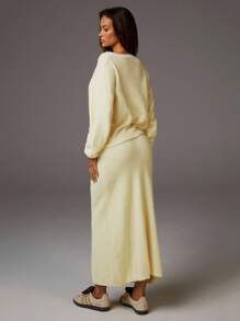 Athîral 女士时尚休闲纽扣针织毛衣和裙子两件套黄色两件套裙子奶油黄色两件套裙子两件套女士黄色裙子套装毛绒绒两件套秋冬 - 黃色 - 查看 4