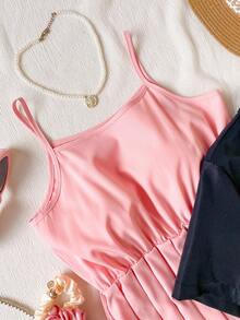 SHEIN Tween Girl 3D Floral Decor Lapel NeckShort Sleeve Jacket And Camisole Dress Set - Pink - View 3