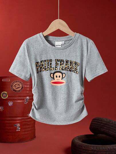 Paul Frank X SHEIN Tween Girl Leopard & English Graphic Knit Round Neck Side Ruched Short Sleeve T-Shirt