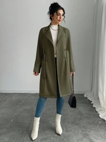 Rafferiza 女式纯色仿麂皮双排扣侧袋常规夹克 - 軍綠色 - 查看 6