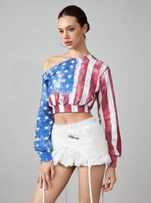 ROMWE Avant Women's Y2K Retro Sports Style Jersey Girl American Flag Print Cropped Oblique Shoulder Sweatshirt - Multicolor - View 7